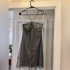 Sue Wong Charcoal Halter Sheet Overlay Short Dress, Size 6